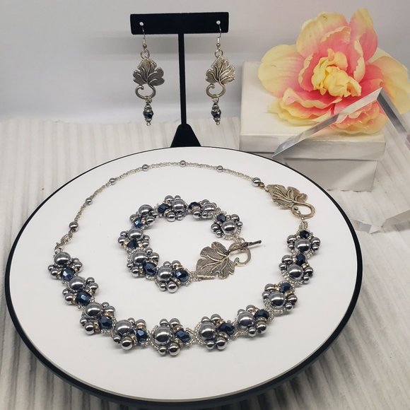 Midnight Ivy Hematite Jewelry - Silver & Dark Blue Necklace Bracelet Earring Set - Picture 3 of 14